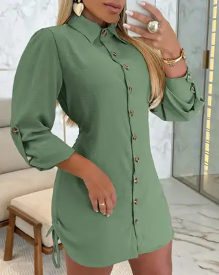 Women Shirt Dress Long Sleeve Button Down Blouses Side Drawstring Mini Dresses
