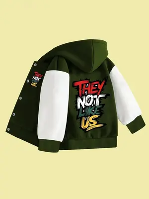 Boys' Fall & Winter Hooded Jacket, Fashion Letter Print Baseball Coat, Street Style Fitted Design, Moderate Fabric Thickness