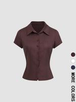 Women's Plain / Striped Print Button Shirt, Casual Slim-fitting Short Sleeve Collared Top for Daily Wear, Ladies Clothes for ...