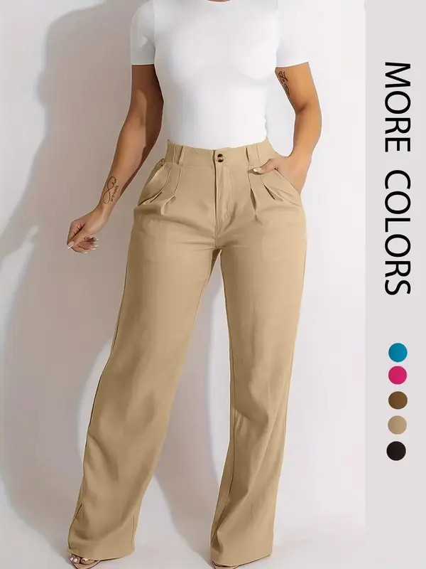 Women's Plicated High Waist Wide Leg Pants with Pockets, Casual Plain Trousers for Daily Wear Work Business, Ladies Bottoms