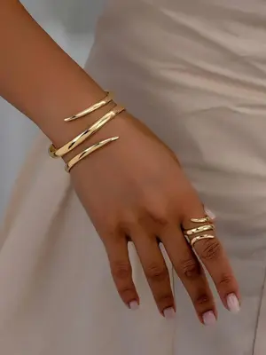 Women's Elegant Geometric Line Design Cuff Bangle & Ring, Exquisite Trendy Ring & Bangle, Fashionable Jewelry Set for Women ...