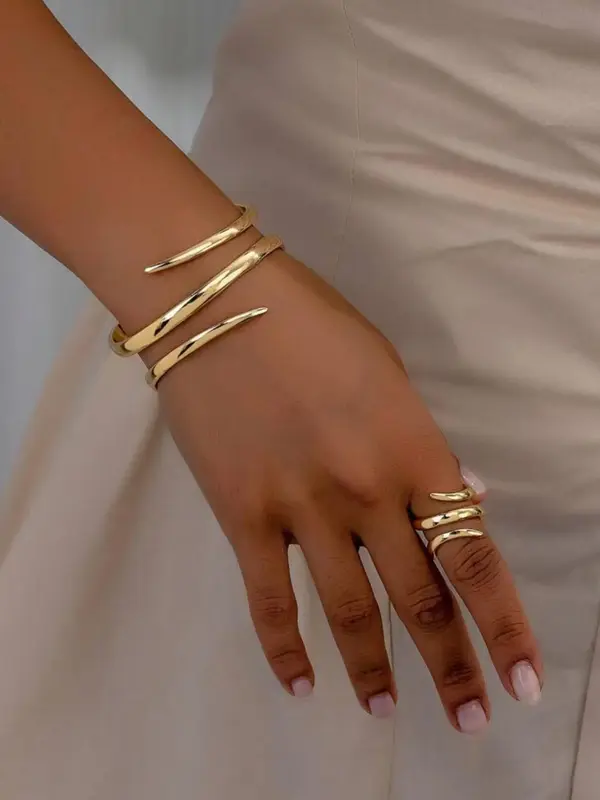 Women's Elegant  Geometric Line Design Cuff Bangle & Ring, Exquisite Trendy Ring & Bangle, Fashionable Jewelry Set for Women ...