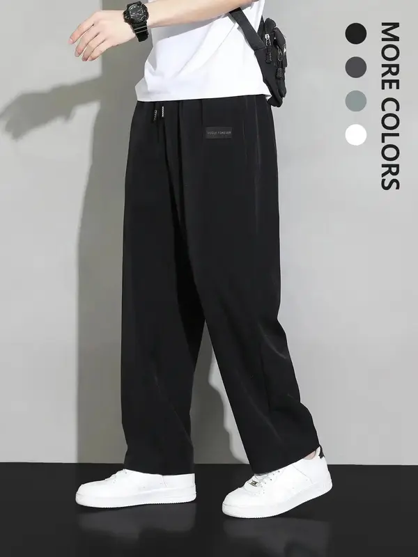 Men's Letter Patched Drawstring Waist Straight Leg Pants, 2000s Pants for Men, Loose Casual Pocket Elastic Waist Trousers fo...