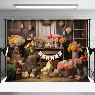 Lovely Hen Hay Eggs Fresh Floral Easter Backdrop - Aperturee