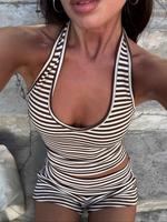 Two-piece Set Women's Striped Print Tank Top & Shorts, Fitted Casual Sleeveless Top & Shorts for Summer, Ladies Clothes for D...