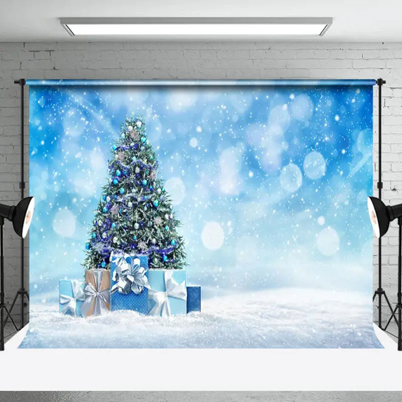 Aperturee Blue Fantasy Bokeh Snow Christmas Tree Gift Backdrop
