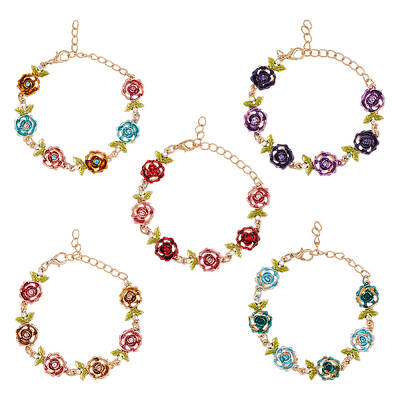 5Pcs 5 Colors Alloy Rose Link Chain Bracelets Set with Rhinestone