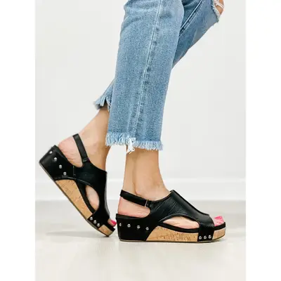 Corkys Volta II Wedge Sandals in Black Smooth
