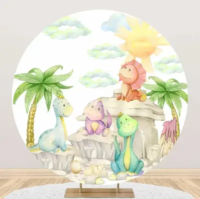 Hill Palm Trees Sun Dinosaurs Round Party Backdrop - Aperturee