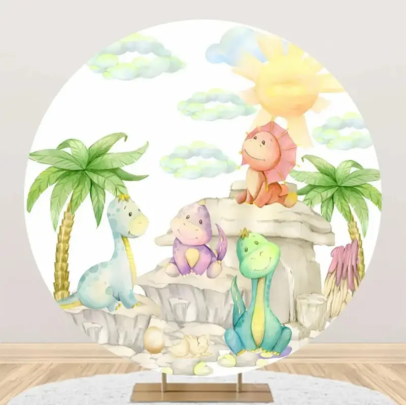Hill Palm Trees Sun Dinosaurs Round Party Backdrop - Aperturee