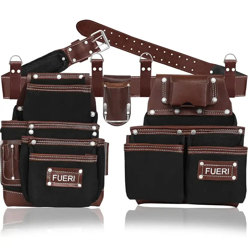 FUERI Detachable Nylon & Leather 19 Pocket Tool Belt Heavy-Duty Set with 2 Pouches 4 Suspender Loops and Tool Pouch for Craft...