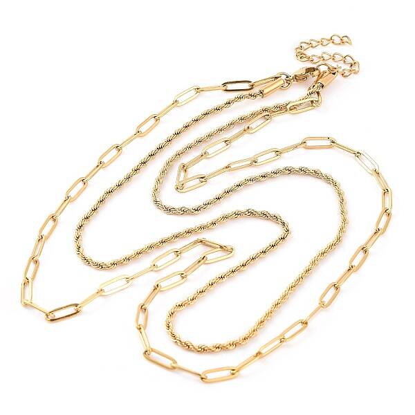 304 Stainless Steel Double Layer Paperclip Chain & Rope Chain Necklaces for Women