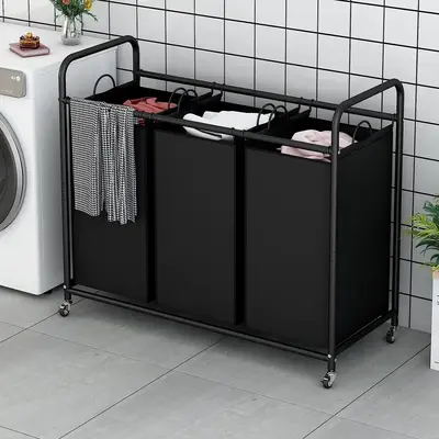 3-Bag Laundry Basket Sorter Laundry Hamper Cart with Heavy Duty Rolling Lockable Wheels and Removable Bags