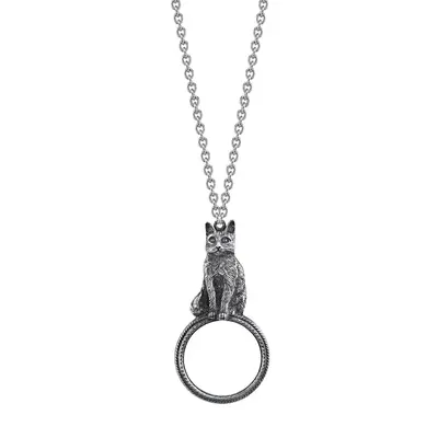 Pewter Cat Magnifying Glass Pendant Necklace 30in