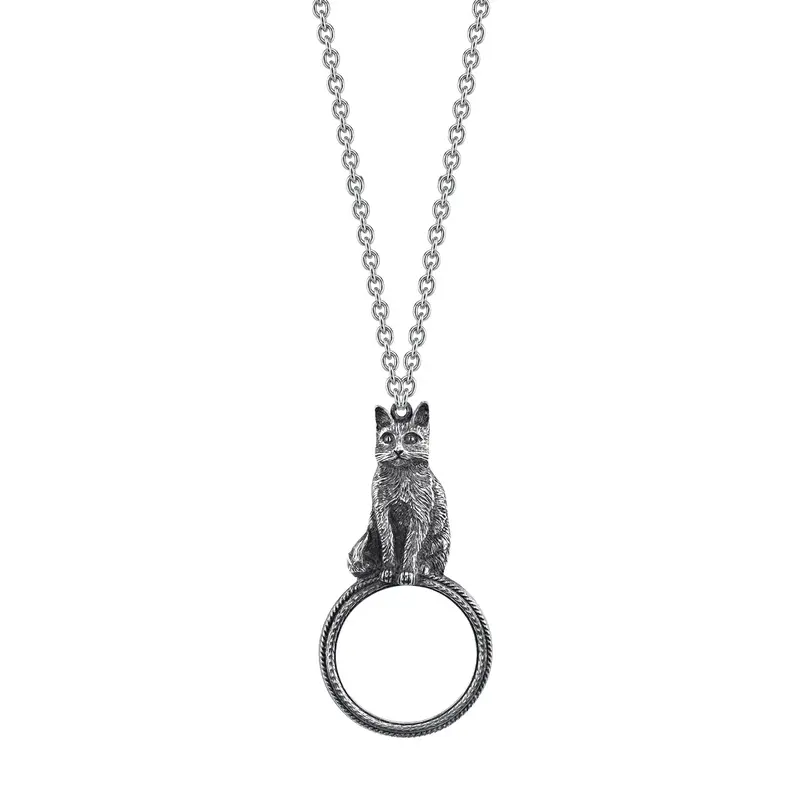 Pewter Cat Magnifying Glass Pendant Necklace 30in