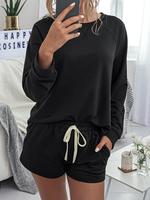Women's Minimalist Solid Longsleeves Tee & Drawstring Pocket Shorts Two Piece Set, Lady Casual Comfort Long Sleeve T-shirt & ...