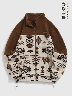 Men's Ethnic Pattern Zip Up Plush Sweatshirt, Casual Long Sleeve Drawstring Sweatshirt for Fall & Winter, Men's Clothes for D...