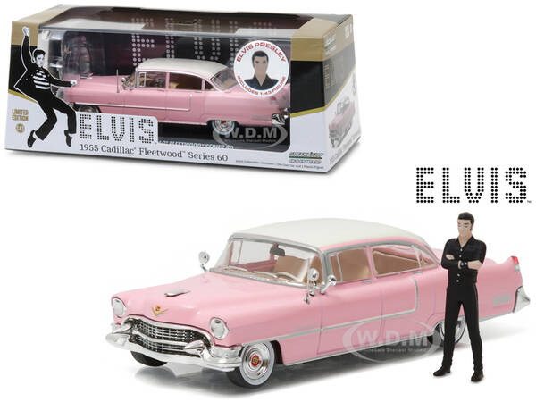 Elvis Presleys 1955 Pink Cadillac Fleetwood Series 60 with Elvis Presley Figurine 1/43 Diecast Model Car by Greenlight