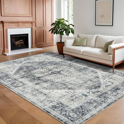 Garvee Area Rug 8x10 Washable Rug Grey Vintage Large Rug Traditional Floor Cover Thin Rug Retro Kitchen Indoor Distressed Non...