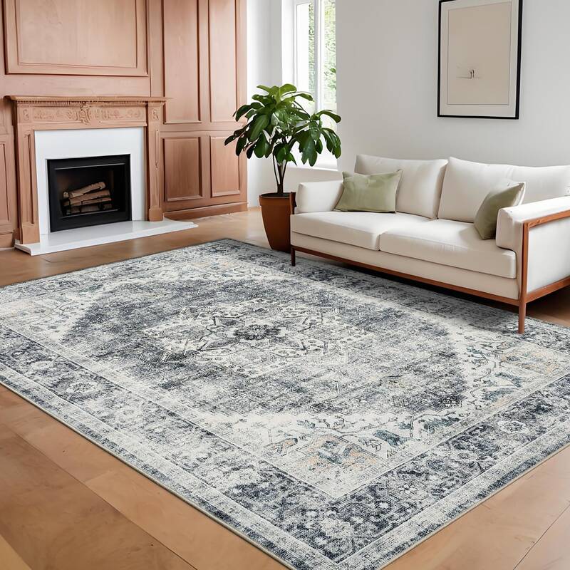 Garvee Area Rug 8x10 Washable Rug Grey Vintage Large Rug Traditional Floor Cover Thin Rug Retro Kitchen Indoor Distressed Non...