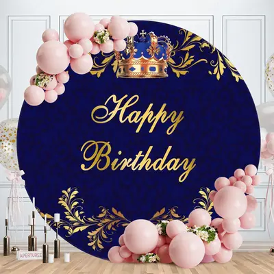 Aperturee Gold Crown Simple Round Happy Birthday Party Backdrop | Round Backdrop Cover Diy | Custom Round Backdrop | Round Bi...