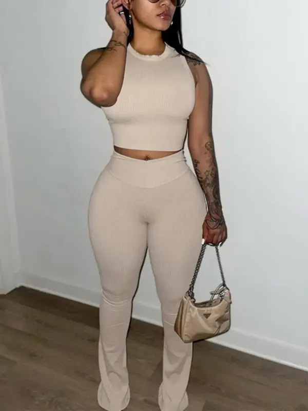 Women's Solid Crop Tank Top & High Waist Pants Set, Casual Fashion Cozy Ribbed Two Piece Outfits For Daily Wear, Back To Scho...