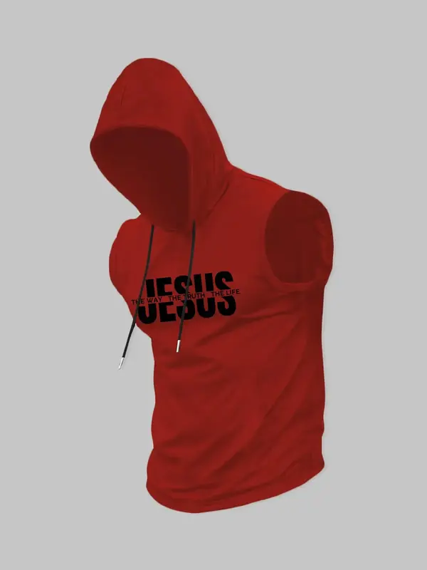 Men's Jesus Print Hooded Tank Top, Regular Fit Casual Sleeveless Hoodie Vest for Summer, Men's Top for Daily Wear, Socks