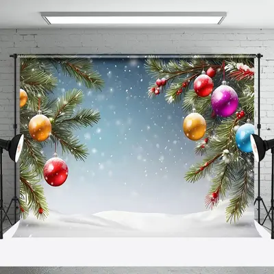 Aperturee Colorful Bells Pine Leaves Snowy Christmas Backdrop - Aperturee