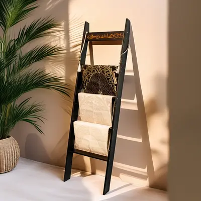 Shahadah Engraved Wooden Islamic Prayer Rug & Hijab Ladder - Lightweight Durable Easy Assembly 5 Feet Tall