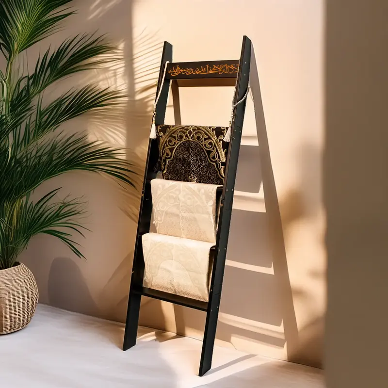 Shahadah Engraved Wooden Islamic Prayer Rug & Hijab Ladder - Lightweight Durable Easy Assembly 5 Feet Tall