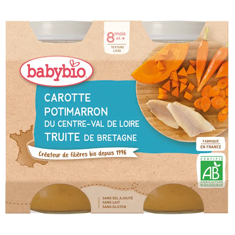 Babybio Midi Jars - 8 + months - Carrot, Pumpkin, Trout - ORGANIC 2X200G
