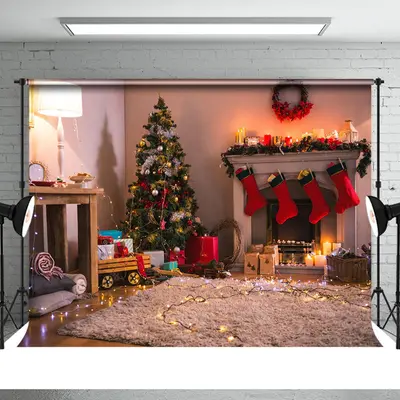 Christmas Tree Wreath Light Fireplace Backdrop - Aperturee