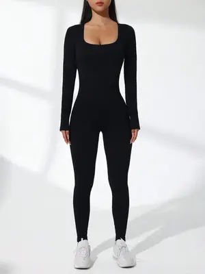 Women's Basic Solid Long Sleeve Sports Jumpsuit, High Waist Square Neck Bodycon Jumpsuit For Yoga Gym Workout, Ladies Sportsw...