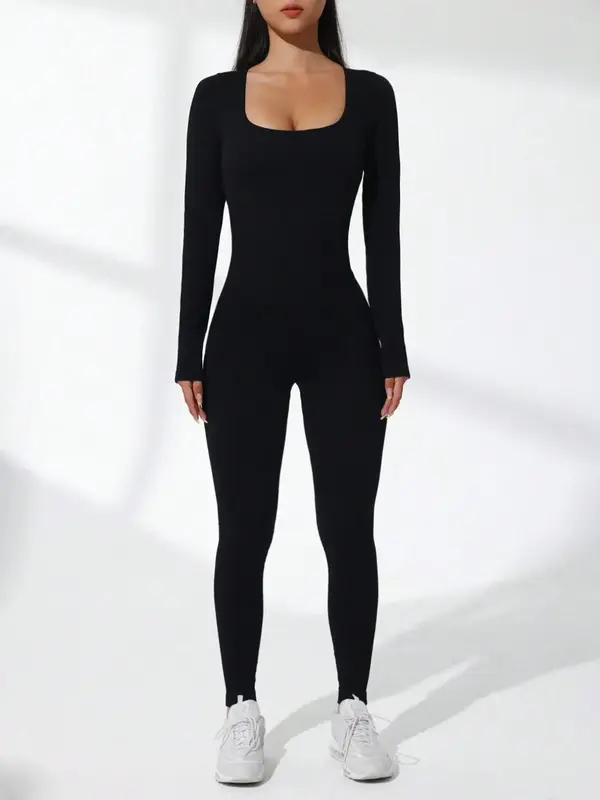 Women's Basic Solid Long Sleeve Sports Jumpsuit, High Waist Square Neck Bodycon Jumpsuit For Yoga Gym Workout, Ladies Sportsw...