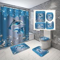 Dolphin Pattern Shower Curtain with Hooks, 1 Set Non-slip Bath Mat and U-shaped Mat, Waterproof Shower Curtain for Home Bathr...