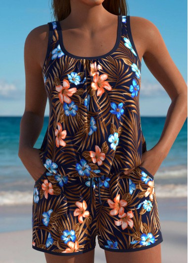 Modlily Floral Print Dark Coffee One Piece Swimwear - L