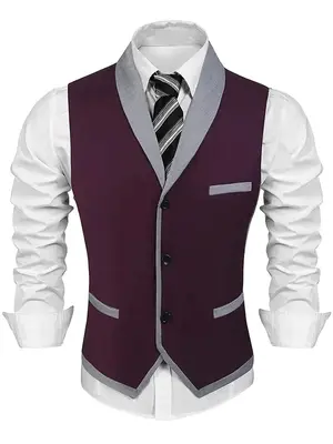 Buttons V-neck Suit Vest (US Only), Wine Red / XL