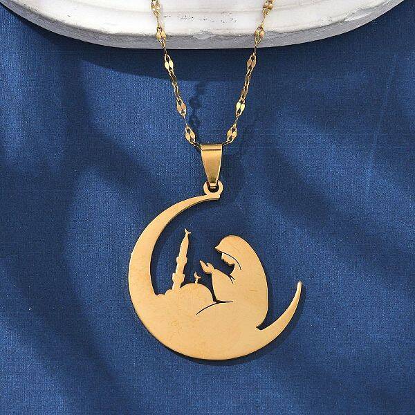 304 Stainless Steel Moon with Woman Pendant Necklaces for Ramadan & Eid Mubarak