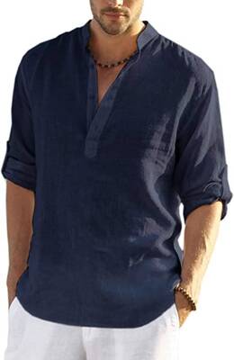 Cotton Linen Style Henley Shirt (US Only), Navy Blue / L