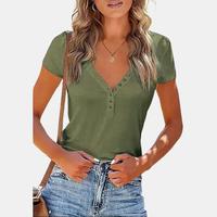 PRETTYGARDEN Women's Summer Casual Henley T-Shirts Short Sleeve V Neck Button Up Ribbed Knit Slim Fit Basic Tops in Olive Gre...