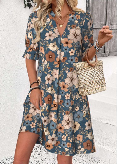 Modlily Multi Color Floral Print Half Sleeve Split Neck Dress - S