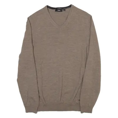 HUGO BOSS Slim Fit Mens Jumper Brown V-Neck Tight Knit L