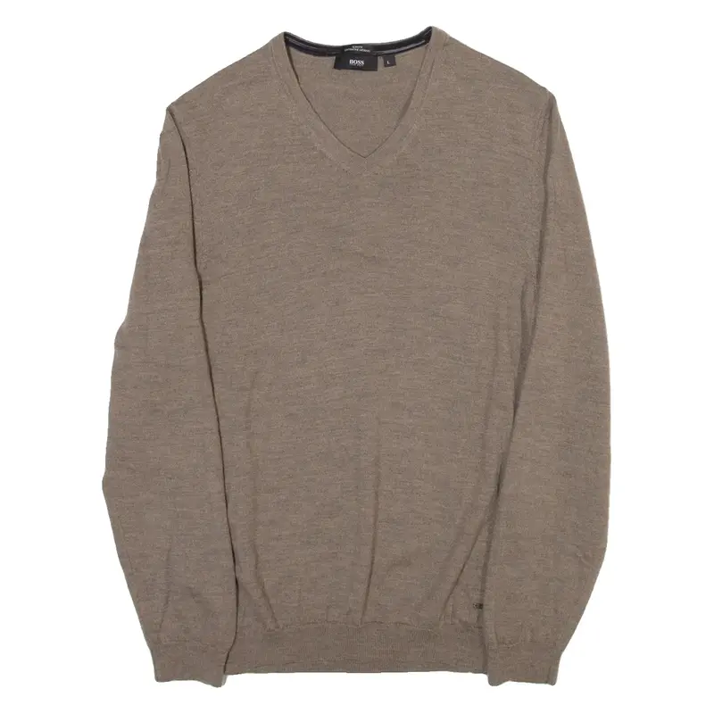 HUGO BOSS Slim Fit Mens Jumper Brown V-Neck Tight Knit L