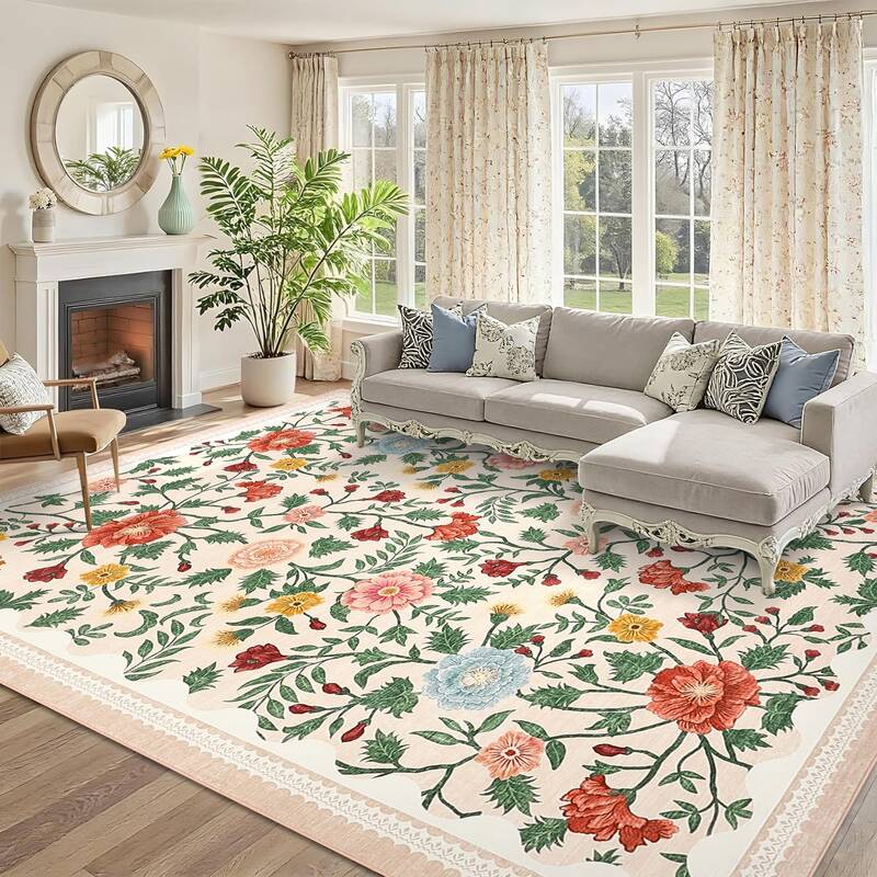 Garvee Washable 9x12 Area Rugs Non Slip Farmhouse Floral Print Accent Carpet Beige Ultra Soft Low Pile Indoor Floor Carpet