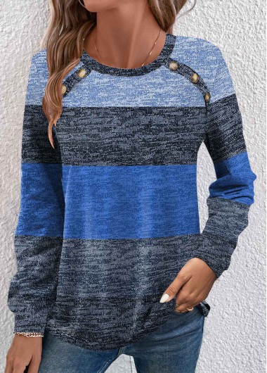 Modlily Blue Button Striped Long Sleeve Round Neck T Shirt - XXL