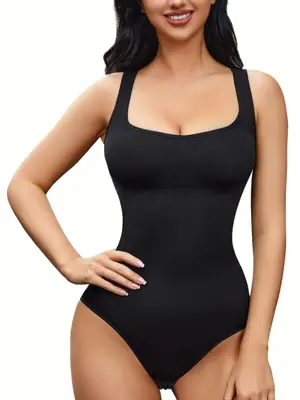 Women's Solid Scoop Neck Tank Bodysuit, Tummy Control Slimming Waist Reduction Shapewear Bodysuit, Summer Wear 2024, Summer C...