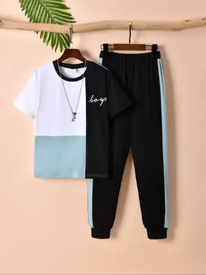 Two-piece Set Boy's Colorblock Short Sleeve Tee & Jogger Pants, Casual Round Neck T-shirt & Sweatpants for Summer, Kids Cloth...