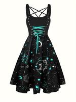 Women's Galaxy Print Lace Up Criss Cross A Line Dress, Aesthetic Punk Fashion Scoop Neck Sleeveless Dress for Party Holiday, ...