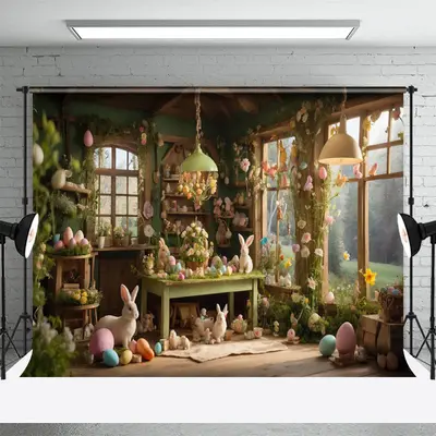 Rabbit And Paschal Eggs Indoor Plant Easter Backdrop - Aperturee
