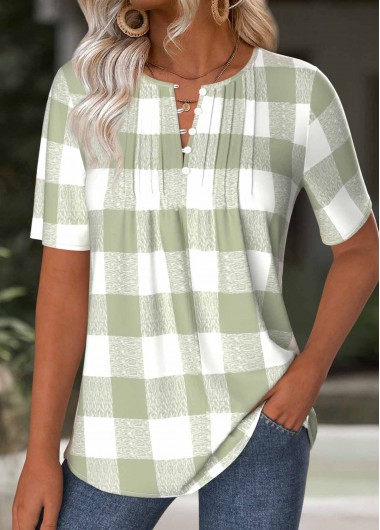 Modlily Light Green Plaid Short Sleeve Split Neck T Shirt - XXL